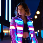 **

Prompt: A stylish woman wearing a modern jacket with integrated LED lights that subtly change color. She is in a trendy urban setting, showcasing the blend of fashion and technology. Focus on the jacket's design and the way it complements her overall look. Emphasize the "wearable tech" aspect.

**