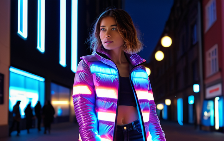 **
Prompt: A stylish woman wearing a modern jacket with integrated LED lights that subtly change color. She is in a trendy urban setting, showcasing the blend of fashion and technology. Focus on the jacket's design and the way it complements her overall look. Emphasize the "wearable tech" aspect.
**